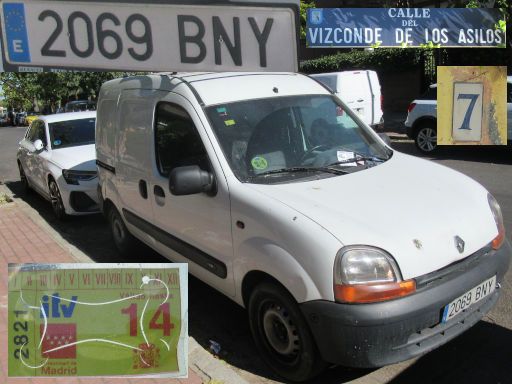 Vehículos abandonados, verlassene Fahrzeuge, Madrid, Spanien, Renault Kangoo, Kennzeichen 2069 BNY, Erstzulassung November 2001, Calle Vizconde de los Asilos 7, 28027 Madrid im September 2025