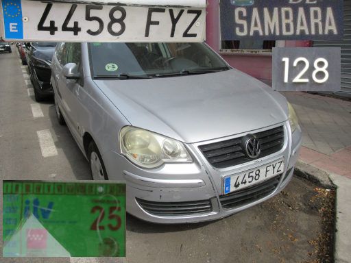 Veh&iacute;culos abandonados, verlassene Fahrzeuge, Madrid, Spanien, Volkswagen Polo, Kennzeichen 4458 FYZ, Erstzulassung Januar 2008, Calle Sambara 128, 28027 Madrid im September 2026