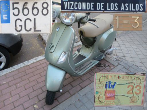 Veh&iacute;culos abandonados, verlassene Fahrzeuge, Madrid, Spanien, Piaggio Vespa, Kennzeichen 5668 GCL, Erstzulassung April 2008, Calle Vizconde de los Asilos 1 - 3, 28027 Madrid im September 2026