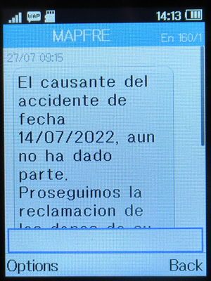 MAPFRE Versicherungen, Spanien, SMS mit Nachricht zum Bearbeitungsstatus auf einem Alcatel 2051X