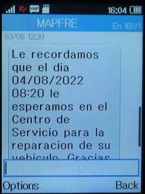 MAPFRE Versicherungen, Spanien, SMS mit Erinnerung Termin auf einem Alcatel 2051X