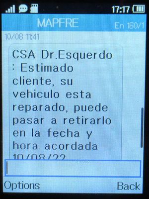 MAPFRE Versicherungen, Spanien, SMS mit Info Fahrzeugabholung Termin auf einem Alcatel 2051X