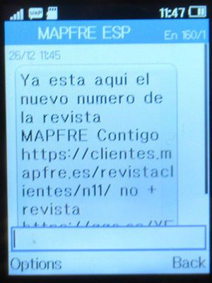 MAPFRE Versicherungen, Spanien, SMS mit Info zum Online Magazin MAPFRE Contigo auf einem Alcatel 2051X