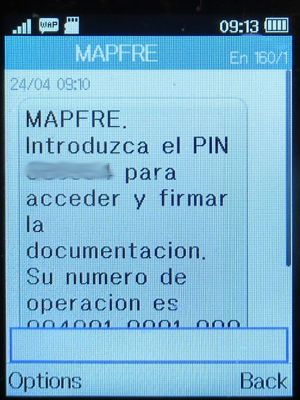 MAPFRE Versicherungen, Spanien, SMS mit PIN zur elektronischen Vertragsbestätigung von MAPFRE auf einem Alcatel 2051X