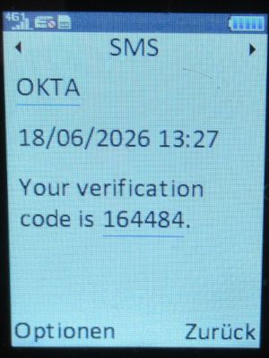 MAPFRE Versicherungen, Spanien, SMS mit Einmalpasswort von MAPFRE auf einem danew KONNECT 42 Mobiltelefon im Juni 2026