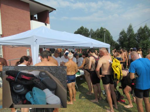 LXVII Decenso a nado Ría Navia, 2025 Schwimmwettbewerb, Navia, Spanien, Aufbewahrung Wertsachen und Leihsandalen