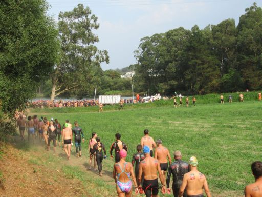 LXVII Decenso a nado Ría Navia, 2025 Schwimmwettbewerb, Navia, Spanien, Start 2400 m Wiese und Flussufer