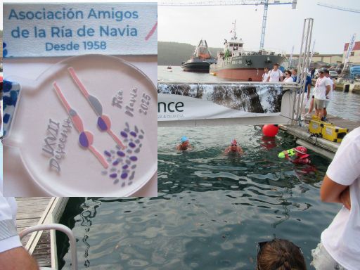LXVII Decenso a nado Ría Navia, 2025 Schwimmwettbewerb, Navia, Spanien, Ziel im Hafen und Medaille