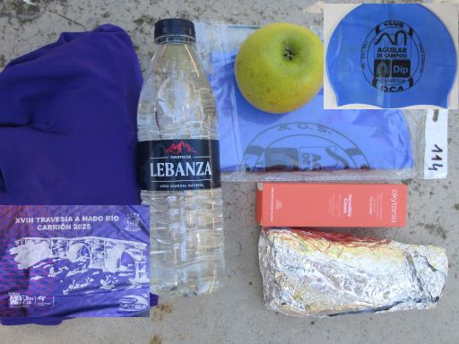 XVIII Travesía a nado Río Carrión 2025, Schwimmwettbewerb, Palencia, Spanien, Starterpaket mit Trikot, 500 ml Lebanza Mineralwasser, Apfel, Badekappe, akytania Feuchtigkeitscreme und Baguette mit Schinken
