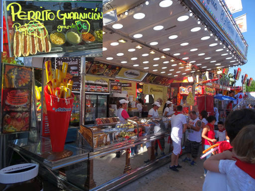 San Fermín 2019, Pamplona, Spanien, Verkaufsstand mit Riesen Hot Dogs