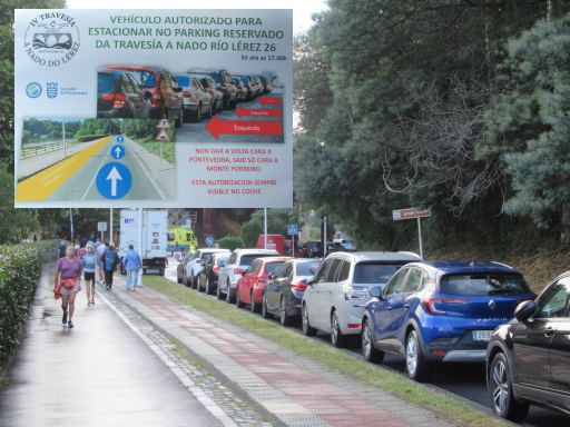 IV Traves&iacute;a a nado R&iacute;o L&eacute;rez, 2026 Schwimmwettbewerb, Pontevedra, Spanien, Avenida de Bos Aires abgesperrte Parkpl&auml;tze gratis f&uuml;r Teilnehmer