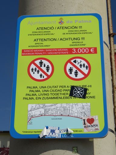 Strand Verbote und Regeln, S’Arenal, Mallorca, Spanien, Spezielle Eingreifzone Hinweisschild im Oktober 2016
