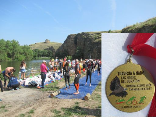 II. Travesía a nado de las Hoces del Duratón, Schwimmwettbewerb 2025, San Miguel de Bernuy, Spanien, Ziel und Medaille