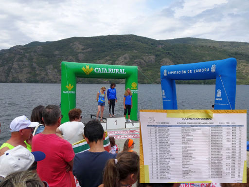 Lago de Sanabria, Schwimmwettbewerb 2019, Galende, Provinz Zamora, Spanien, Siegerehrungen nach Kategorie und Strecke