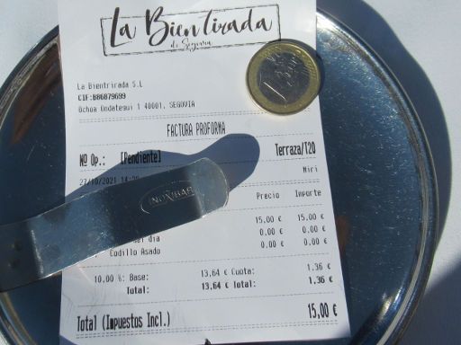 Spanisches Restaurant La Bien tirada de Segovia, Segovia, Spanien, Rechnung Mittagsmenü und 1,– € Trinkgeld