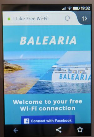 Baleària, Fähre, Spanien, Startseite kostenloses W–LAN Alcatel ONE TOUCH FREE Smartphone mit Firefox Betriebssystem 1.3.0.0 und dem Firefox Internetbrowser 28.0