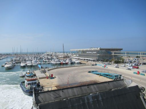Baleària, Fähre, Spanien, Blick auf den Hafen Dénia vom Aussichtsdeck Fähre Eleanor Roosevelt