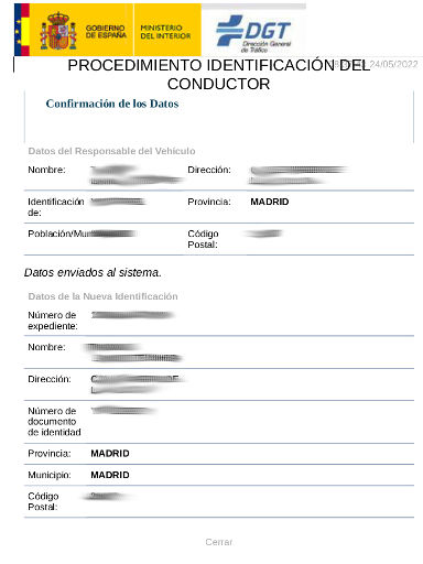Strafzettel Bußgeldbescheid, DGT, Spanien, Ausdruck Procedimiento identificación del conductor
