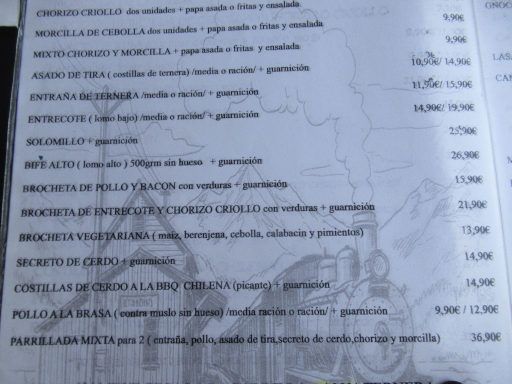Patagonia Express Grill & Pizza, Torremolinos, Spanien, ein Teil der Speisekarte
