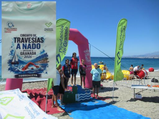 Traves&iacute;a a nado, Torrenueva Costa, 2026, Torrenueva Costa, Spanien, Schwimmwettbewerb, Siegerehrungen und T-Shirt f&uuml;r alle Teilnehmer im Ziel