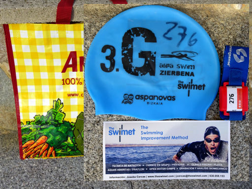 3. Galipa Swim Zierbena, Schwimmwettbewerb 2019, Zierbena, Spanien, Starterpaket mit Zeitmessung RFID Chip mit Klettband, Badekappe, Werbung The Swimnet und Tragetasche von Aneto
