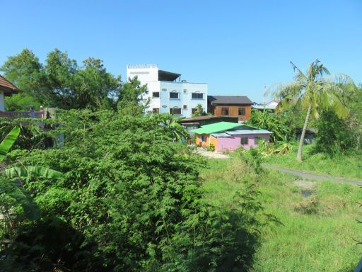 Rueanrimnam Hotel, Roi Et, Thailand, Blick aus Zimmer 203 auf eine Grünfläche mit Bäumen