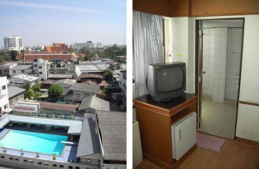 Sripatana Hotel, Nakhon Ratchasima, Korat, Thailand, Ausblick aus dem Fenster, Fernseher mit Kühlschrank