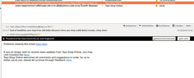 Tops Supermarkt Online, Bangkok, Thailand, Spam e-mails trotz bestätigter Kündigung