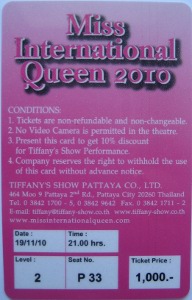 Miss International Queen™, 2010, Pattaya, Thailand, Eintrittskarte Rückseite