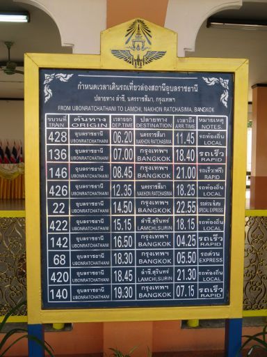 Bahnhof, Ubon Ratchathani, Thailand, Anzeige Fahrzeiten