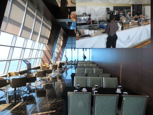 Conrad® Abu Dhabi Etihad Towers Observation Deck at 300, Abu Dhabi, Vereinigte Arabische Emirate, Caf&eacute; mit St&uuml;hlen und Tischen