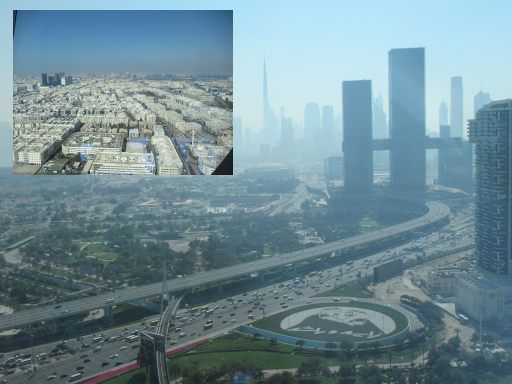 Dubai Frame, Dubai, Vereinigte Arabische Emirate, Ausblick Richtung Flughafen und Richtung Burj Khalifa