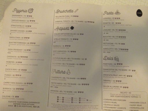 Mama Shelter Hotel, Pizzeria Trattoria, Dubai, Vereinigte Arabische Emirate, Speisekarte